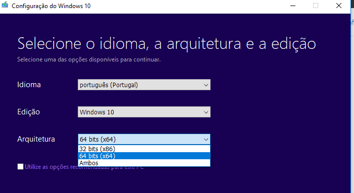 escolher arquitetura do suporte de instalação