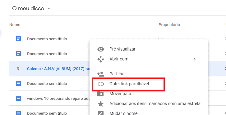 partilhar link pelo google drive