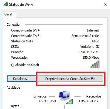 propriedades da conexão sem fio