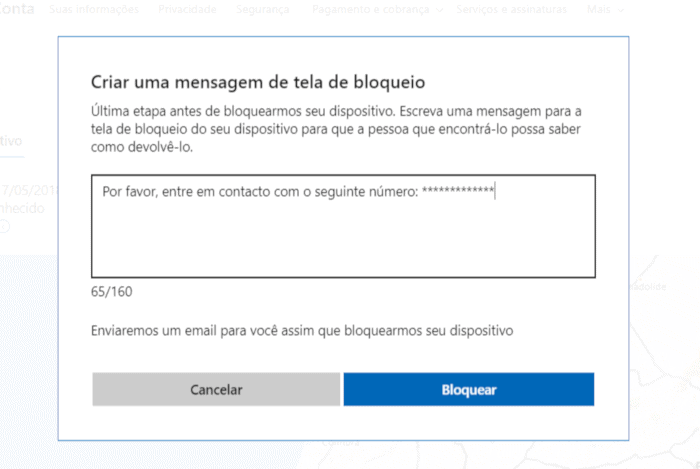 mensagem da tela de bloqueio