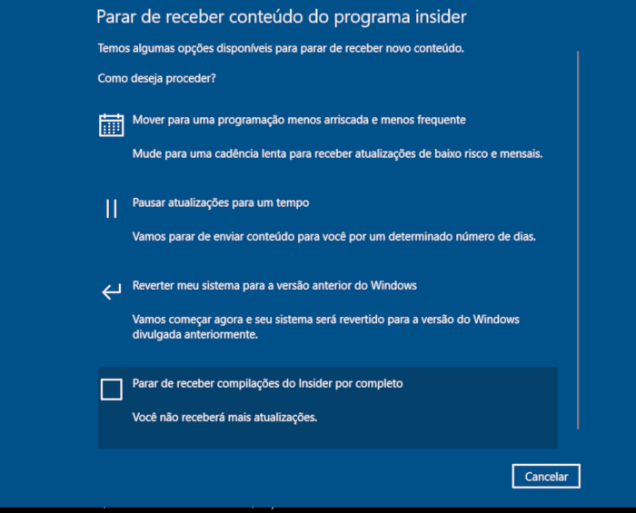 parar de receber compilações do insider por completo