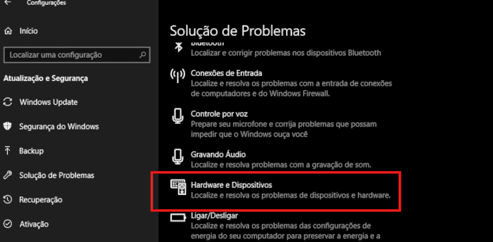 solução de problemas do windows hardware