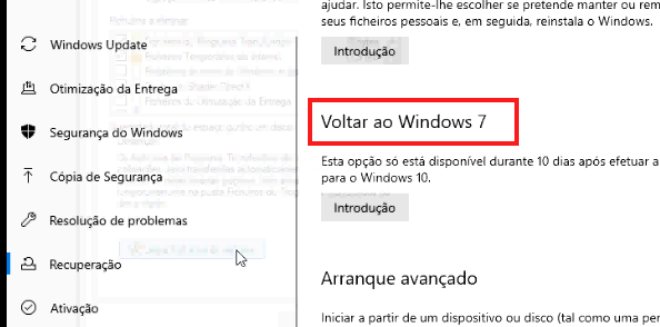 downgrade para versão anterior do windows