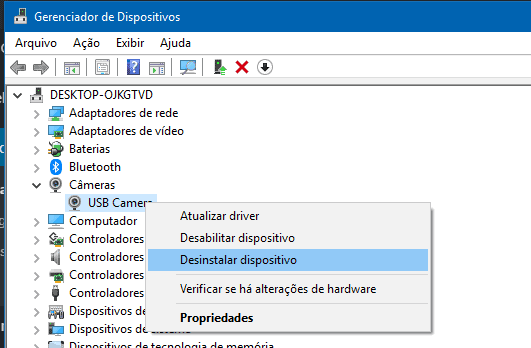 gerenciador de dispositivos webcam