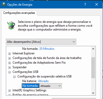 configurações de energia usb