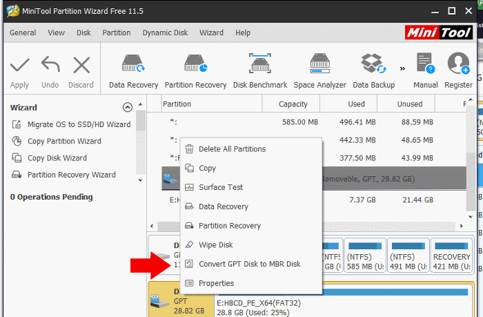 converter gtp para mbr ou mbr para gpt no minitool partition wizard
