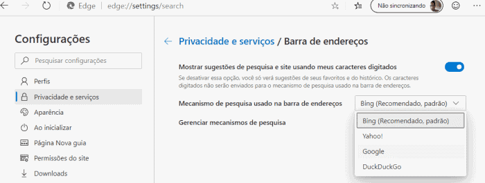 mudar motor de busca edge chromium