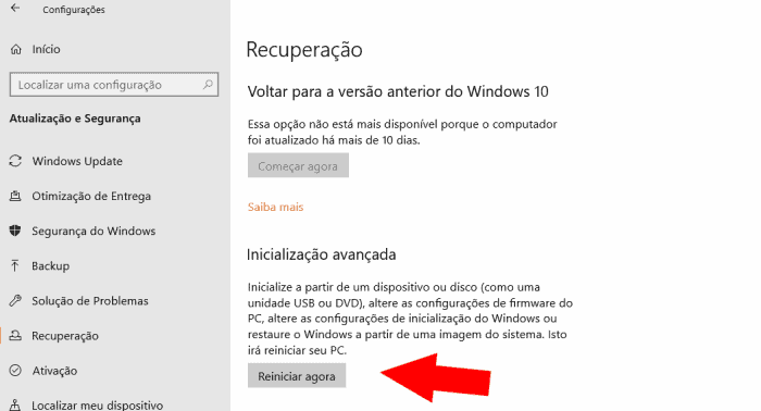 inicialização avançada do Windows 10