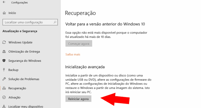 inicialização avançada bios windows 10