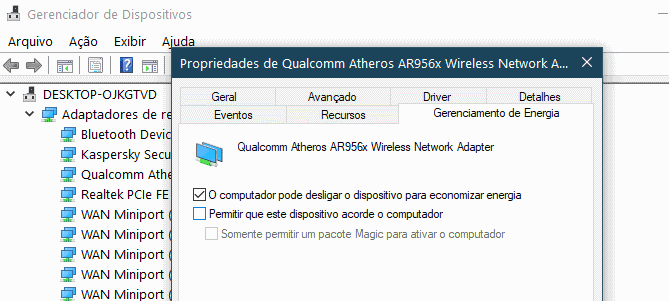 O computador pode desligar este dispositivo para economizar energia