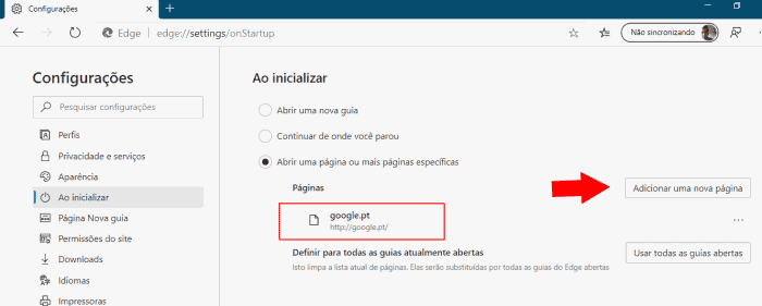 página inicial do edge chromium