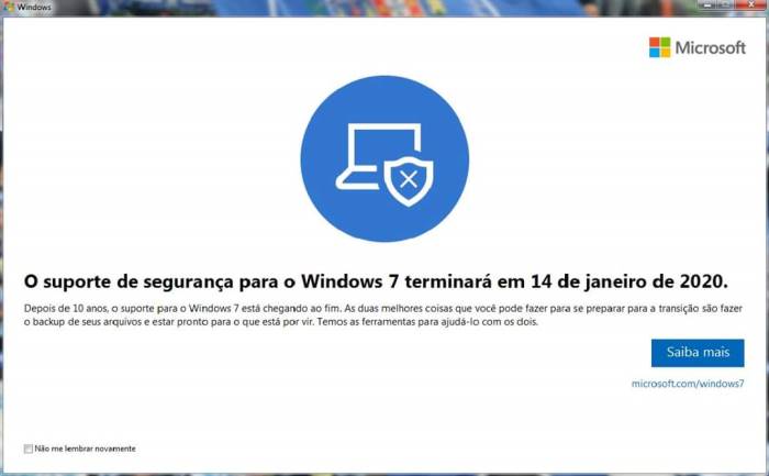 o suporte de segurança para o windows 7 terminará em 14 de Janeiro de 2020