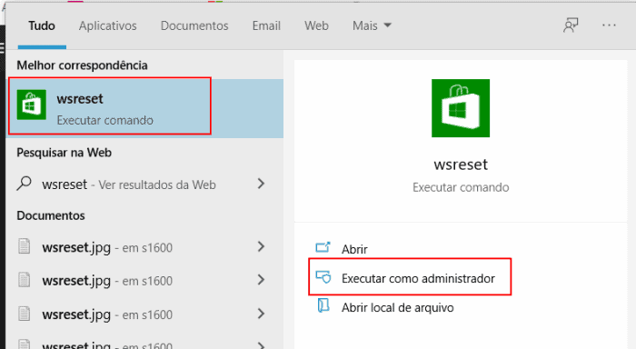 wsreset no windows 10 administrador