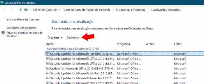 remover uma atualização do Windows 10