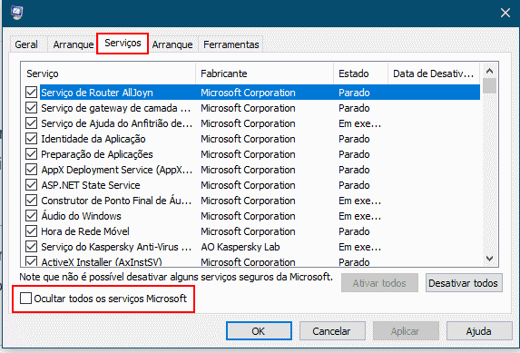 ocultar serviços Microsoft