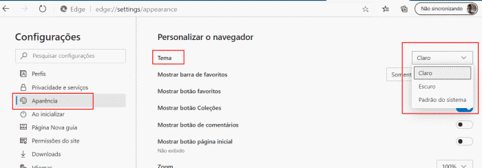 tema escuro no edge