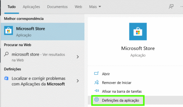 definições da microsoft store