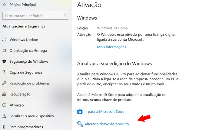 alterar chave do windows 10