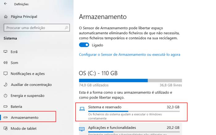 Espaço ocupado pelo Windows 10