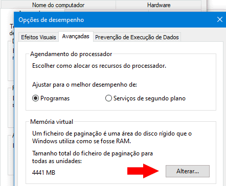 alterar memória virtual