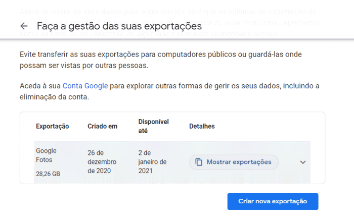 exportações do google takeout