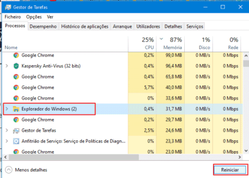 reiniciar o expolorador do windows menu iniciar não abre