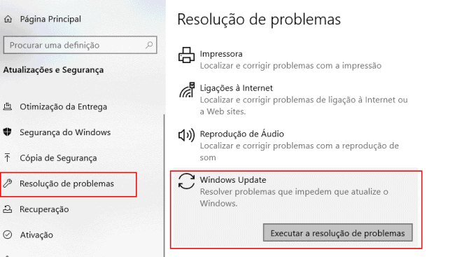 resolução de problemas do windows update