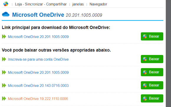 versões anteriores do ondedrive