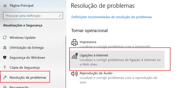 reparar ligações à internet