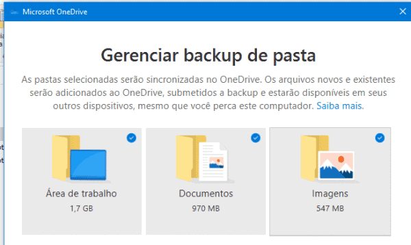 pastas de backup no onedrive