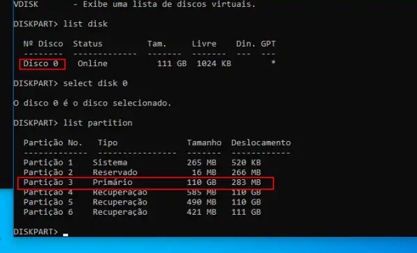 usar o disk part do windows