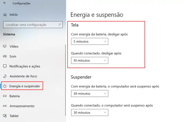 energia e suspensão tempo de tela aumentar