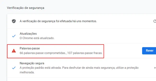 senhas comprometidas no chrome