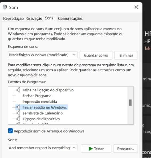 mudar o som de inicialização do windows 11