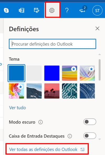 ver todas as definições do outlook