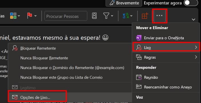 outlook opções de lixo