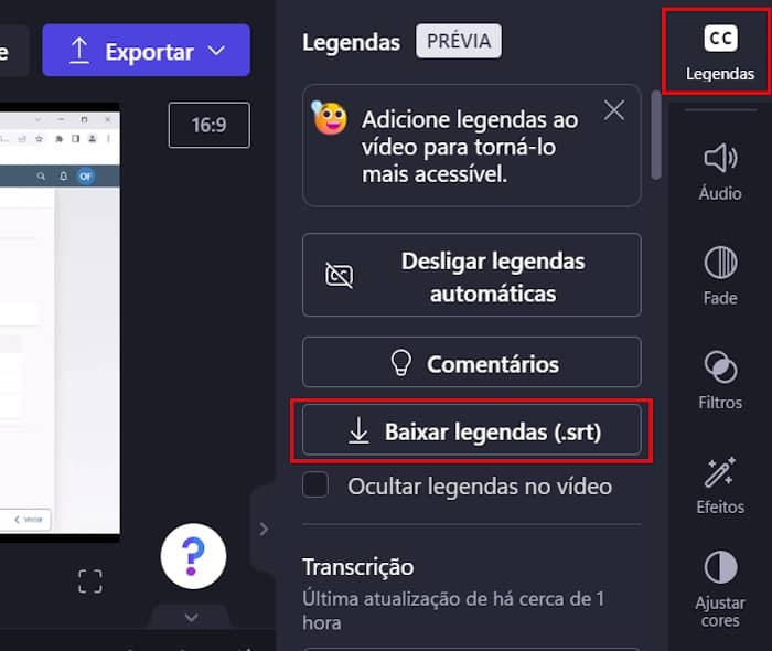 baixar legendas clipchamp