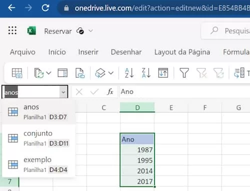 excel online criar atalho para celula