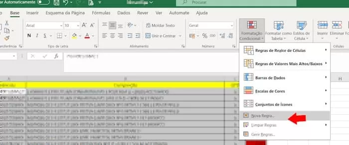 como adicionar nova regra no excel