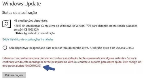 erro 0x80070032 do Windows Update