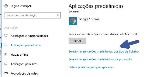 selecionar aplicações predefinidas por tipo de ficheiro